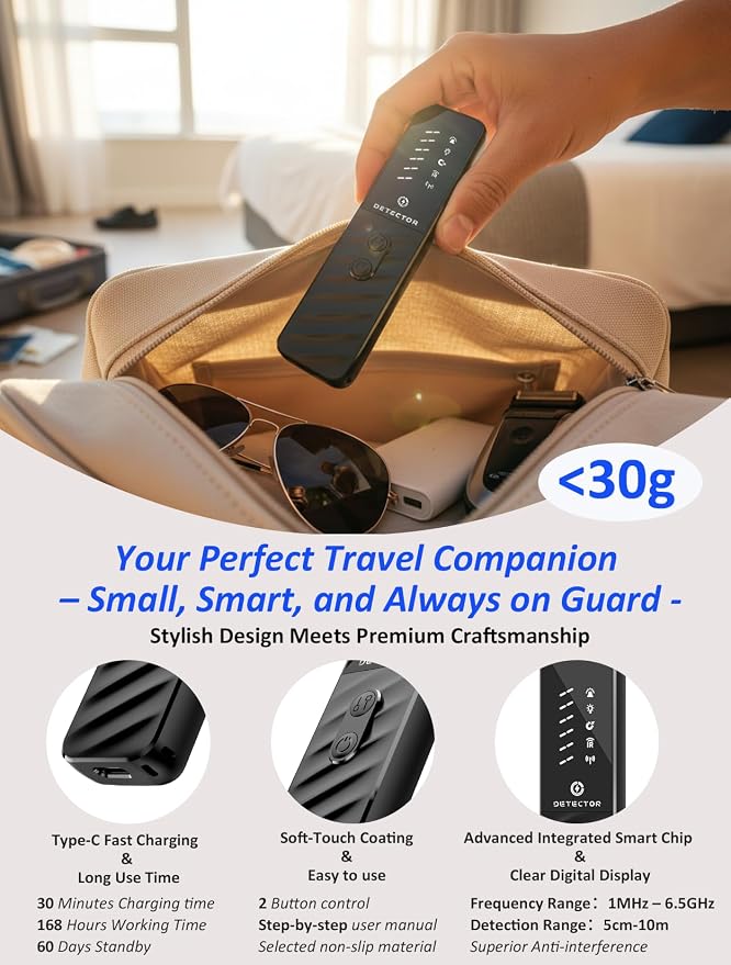 Hidden Camera Detectors, Anti Spy Bug Camera Finder & GPS Tracker Detector, Anti-Theft Alarm, 6-Level Sensitivity, 168H Battery, Privacy Pen Hidden Device Detector for Travel, Hotel, Home, Car, Office