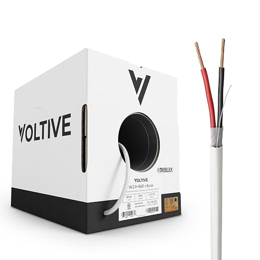 Voltive 18/2 Low Voltage Wire, in-Wall CL3 & Direct Burial, White, 250ft - 18AWG, 2 Conductors, Stranded Bare Copper, UL Listed - V-1212-6