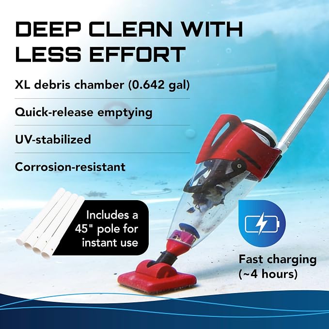 POOL BLASTER Pulse Cordless Pool Vacuum for Above Ground Pool - American-Engineered Hoseless Vac with XL Debris Chamber & 45" Pole - Rechargeable Cleaner with 7.5" Head & 45 Min Runtime
