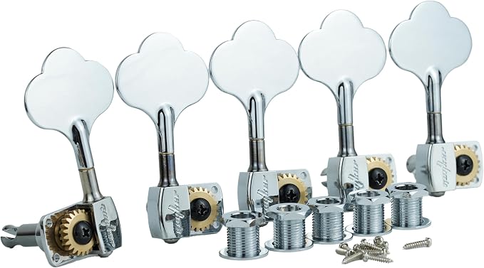 Guyker Bass Tuners (4R + 1L) - 1:22 Ratio Gear Open Frame Bass Drop Locking Machine Head Tuning Key Pegs Replacement for Electric Jazz Guitar Bass or Precision Instruments, BB100 Chrome