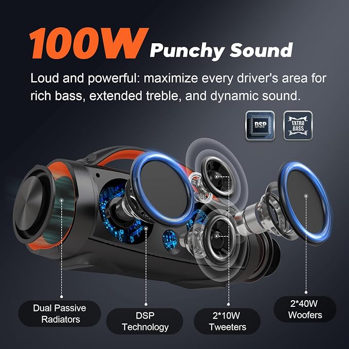 DOSS Extreme Boom Pro 100W Loud Outdoor Speaker, 2+2 Channel, IPX6 Waterproof, Bluetooth 5.3, 20H Playtime, Dynamic Lights, Portable Speaker for Camping, Beach, Pool, Working Outside - Orange