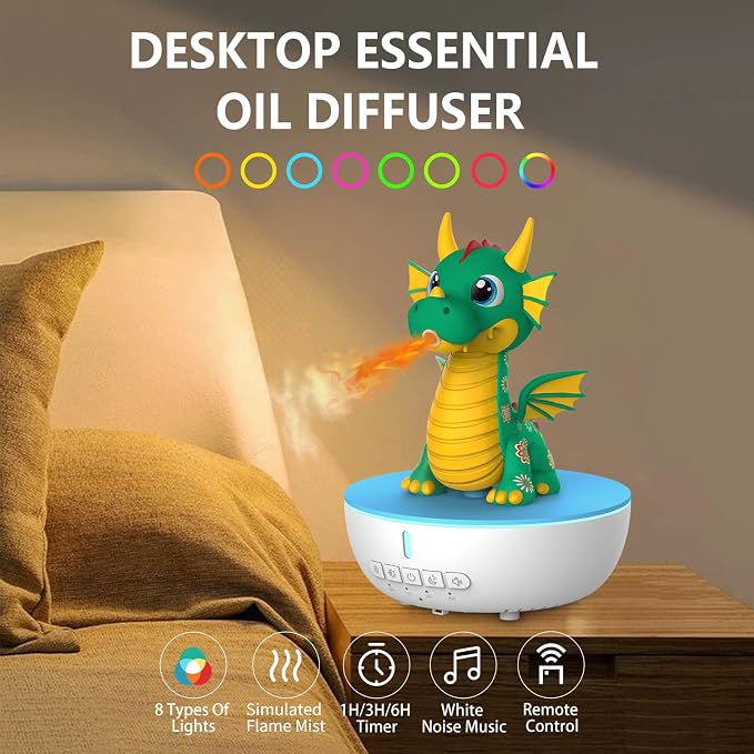 Essential Oil Diffuser for Kid, 200ML Aromatherapy Diffuser Humidifier With Remote & Timer Control, 10 Soothing White Noise, Cute Aroma Diffuser for Bedroom Home Office, Green