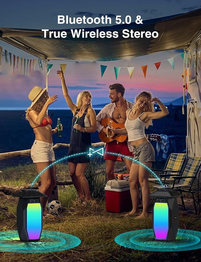 Onforu Outdoor Bluetooth Speakers Waterproof, 2 Pack 25W True Wireless Stereo Lantern Speaker with RGB LED Lights,Led Flame Speaker, Dual Pairing, 20H Playtime, Enhanced Bass for Patio Garden Decor