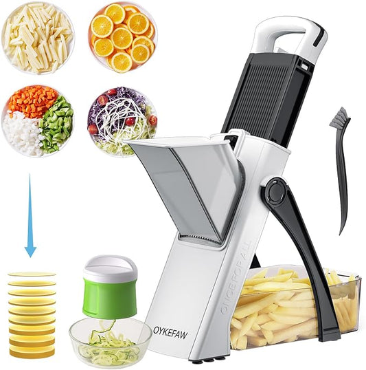 Safe Mandoline Slicer for Kitchen, 6 in 1 Vegetable Chopper, Zucchini Spiralizer，French Fry Cutter For Potatoes, Potato Slicer,Food Chopper,Adjustable Thickness 0.1-8 mm, With Peeler (BLACK+green)