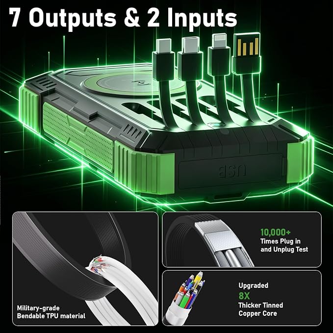 Solar Power Bank 49800mAh 22.5W QC3.0 Fast Charging Built in 4 Cables andNymzixt Solar Power Bank 20000mAh Portable Charger Built-in 3 Cables and Wireless Charging