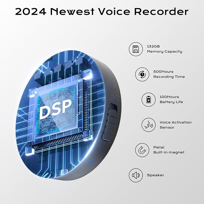 132G (9800 Hour) Voice Activated Recorder - Elasound Voice Recorder with AI-Intelligent Triple Noise Reduction, Portable Audio Recorder for Work, Lectures,100H Continuous Recording Device