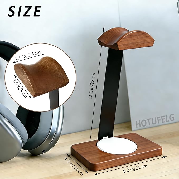 Solid Wooden Headphone Holder with Fast Wireless Charging Pad, Universal Headset Stand for Gaming Desk, Headphone Rack Compatible with Airpods Max,Bose,Razer,AKG Equipment Accessories for Walnut Desk