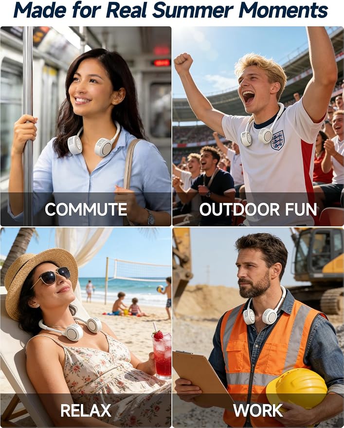 Portable Neck Fan - Hands Free Personal Face Fan, 5 Speeds Rechargeable Wearable Cooling Fan, Flexible Foldable Small Thin Quiet Neck Cooler for Travel, Work, Hot Flashes (White)
