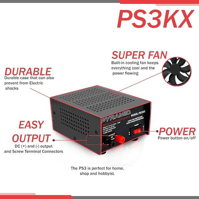 Pyramid Universal Compact Bench Power Supply - 2.5 Amp Linear Regulated Home Lab Benchtop AC-to-DC 12V Converter w/ 13.8 Volt DC 115V AC 50 Watt Power Input, Screw Type Terminals, Cooling Fan PS3KX
