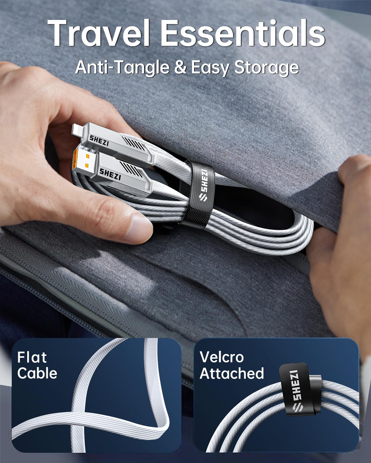 SHEZI [Upgraded 2.0] 4-in-1 USB C Cable 60W 5FT Fast Charging [480Mbps Data Sync] Flat Nylon Braided Charger Cord Combo, USB A/C to C/L Multi Charge Cable for iPhone/iPad & Most Devices, Silver