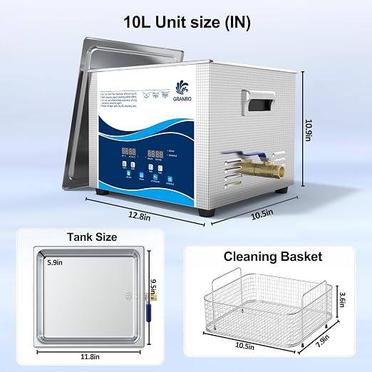Granbo Ultrasonic Cleaner 10L 240W Jewelry Cleaner Ultrasonic Machine 40kHz with Heater Timer and Degassing,110V Digital Ultrasonic Jewelry Cleaner for Jewelry Glass Eyeglass Dental Parts Cleaning