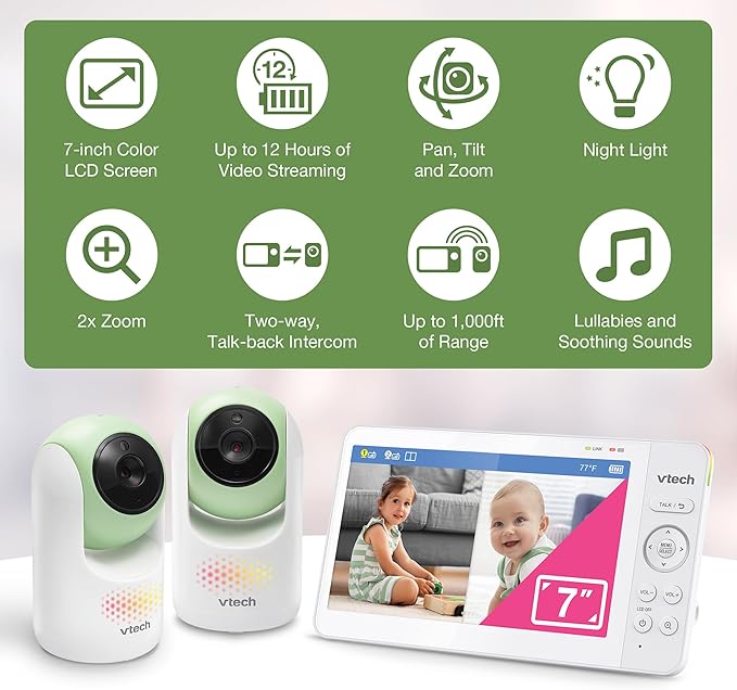 VTech 2-Cameras Video Baby Monitor with 7" Color LCD Screen, Rechargeable Battery, Video and Audio Streaming, Pan-Tilt-Zoom, Touch Multi-Color Night Light, Two-Way Talk: Advanced Max Twin (Green)