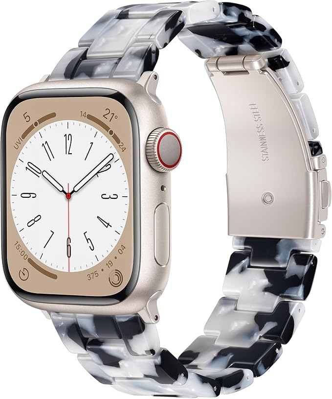 V-MORO Resin Bands Compatible with Apple Watch Series 11/10/9/8/7 Band 45mm 46mm Starlight Buckle Lightweight Fashion Strap Bracelet for iwatch Series SE/6/5/4/3/2/1(Black/White,42/44/45/46/49mm)