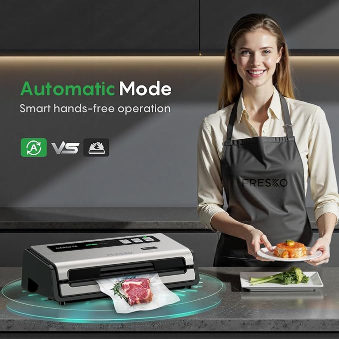 FRESKO Food Vacuum Sealer with Automatic Bag Detection, 0.2-inch Widened Heating Strip, Built-in Bag Roll Storage & Cutter, 1 Roll Bag, Starter Kit