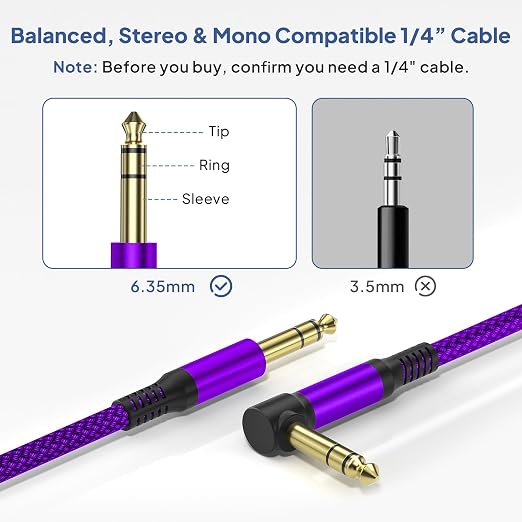 Elebase 1/4 Inch TRS Instrument Cable 10ft 2-Pack,Right-Angled to Straight 6.35mm Male Jack Stereo Audio Cord,6.35 Balanced Interconnect Line for Electric Guitar,Bass,Keyboard,Mixer,Amplifier,Speaker
