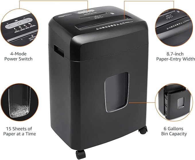 Amazon Basics 15-Sheet Cross Cut Paper Shredder for Home and Office, CD/Credit Card Shredder with 6 Gallon Wastebasket, Black