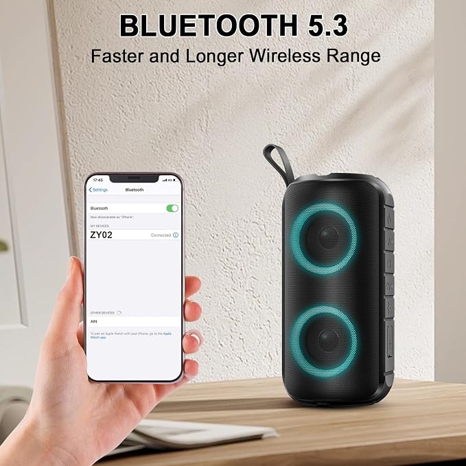 Hupoaf Bluetooth Speaker with 6D Loud Sound, 2025 New Portable Wireless Speaker, IPX7 Waterproof, RGB Lights, BT5.3, 12H Playtime, for Home/Party/Outdoor/Beach, Stocking Stuffers, White Elephant Gifts