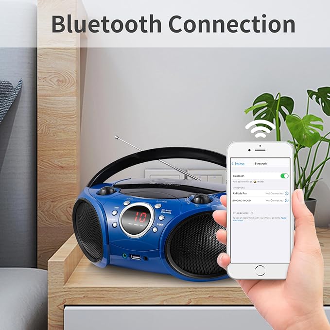 Singingwood Portable CD Player Boombox AM FM Radio, Bluetooth, USB Port CD-R/RW, MP3 CDs, 3.5mm Aux Input and Headphone Jack-Dual Power AC/Battery Stereo Sound System for Home & Outdoor (Blue)