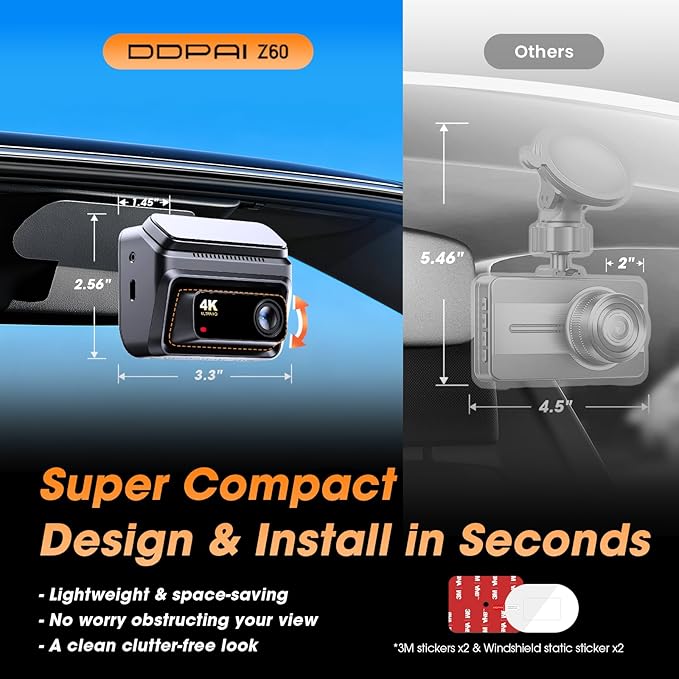 DDPAI Z60 4K Dash Cam Front and Rear, Built-in 32GB eMMC, Free 64GB Card Included, Dual Dash Camera for Cars, AI ISP Night Vision 2.0, 5GHz WiFi, GPS, G-Sensor, 7 Days AOV Parking Mode, 3" IPS, ADAS