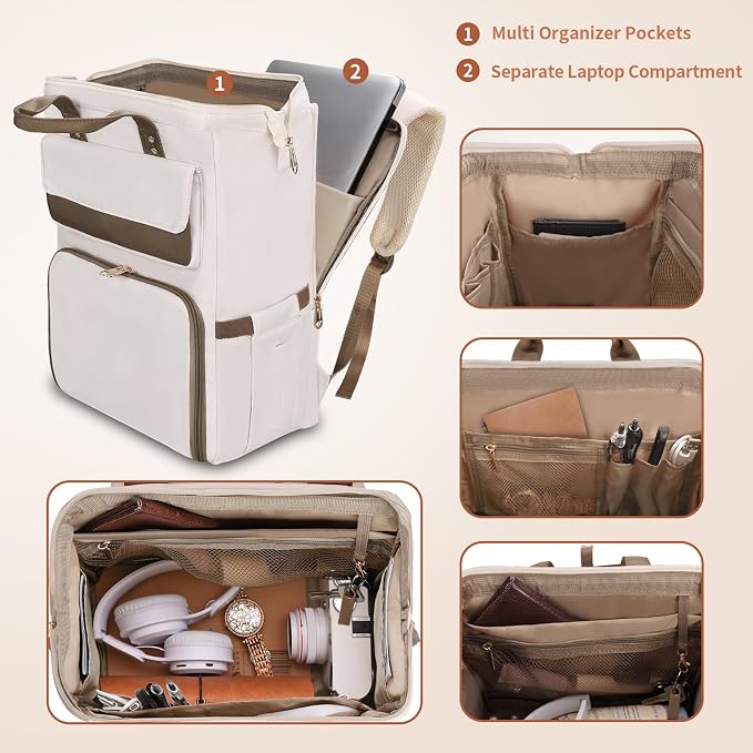 BERTASCHE Lunch Backpack for Women, 15.6 Inch Laptop Backpack with Insulated Cooler Lunch box, Nurse Backpack for Teacher Work Travel College Picnic, Beige