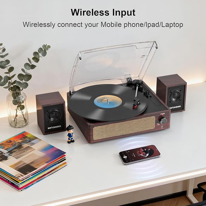 Record Player with External Bookshelf Speakers Belt-Drive Vintage Turntable for Vinyl Records Passive Dual Stereo Speakers LP Players 3 Speed Wireless AUX Headphone Auto Stop Retro Wooden Dark Red