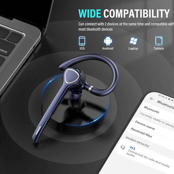 Bluetooth Headset with APTX HD Audio, Wireless Hands-Free Earpiece with CVC 8.0/ENC Dual Mic, Mute Button & Dual Device Connection, 90H Playtime Single-Ear Headphone for Trucker, Business, Navy blue
