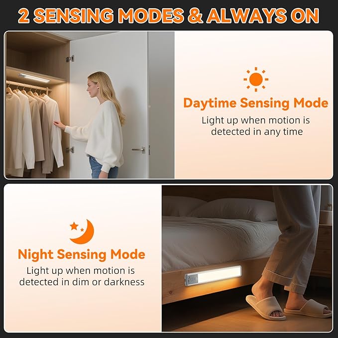 Under Cabinet Lighting Wireless, Rechargeable 10inch Motion Sensor Light Indoor, 3 Color Closet Light Battery Operated with LED Power Display, Magnetic Under Counter Lights for Kitchen, Home (6Pack)