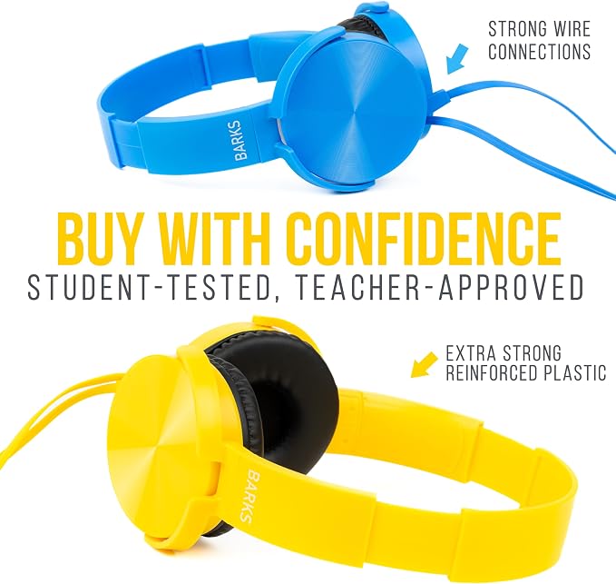 Barks Classroom Headphones with Microphone (Colorful, 12 Pack) - Wired 3.5mm On-Ear Bulk Headphones for Classroom: Best for Students K-12 Schools (Durable, Inline Microphone, Great Recording Quality)