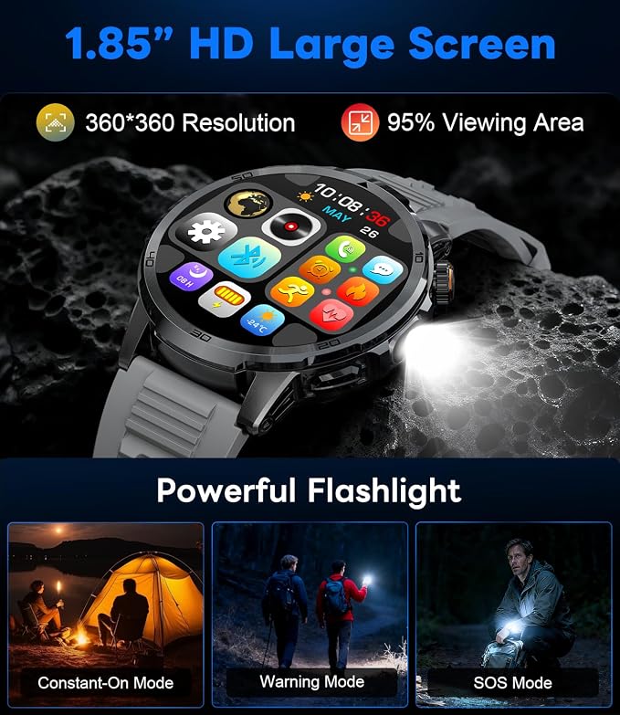 Military Smart Watch for Men Answer/Make Call, 1.85'' HD Rugged Smartwatch with 1000mAh Battery/Flashlight/Heart Rate/110+ Sports Mode, IP68 Waterproof Fitness Tracker Watch for Android iPhone