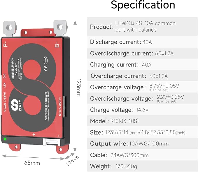 DALY Smart BMS 4S-16S 40A-500A with WiFi Module and CAN 485 Communication Protection Board for LifePO4 Lithium Battery Pack (Smart BMS 4S 12V，40A)
