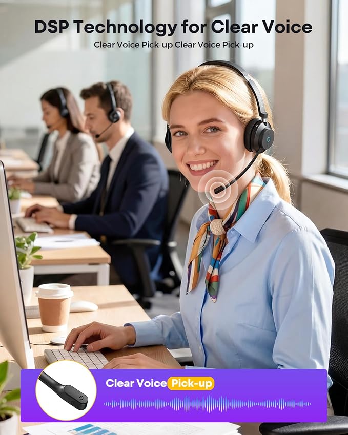 Wireless Headset with Mic for Work-Bluetooth Over Ear Headphones with Microphone,Noise Cancelling with Mute & USB Dongle for Computer/Phones/Remote Work/Call Center,Lightweight All Day Comfort