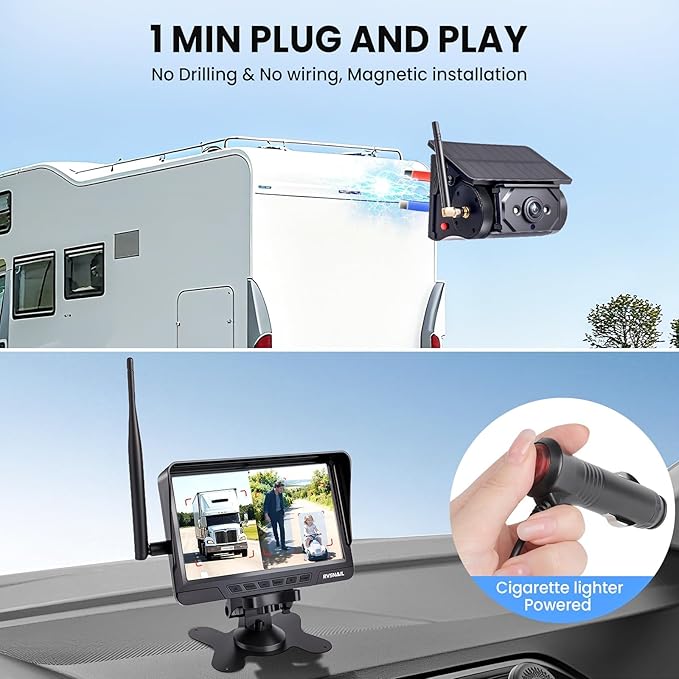 Magnetic Solar Wireless Backup Camera with 7" 1080P Monitor, 2 Backup Cam-Kit, Alarm Function, Night Vision,Easy Install, Trailer Back up Camera Systems for RV Truck Camper SUV