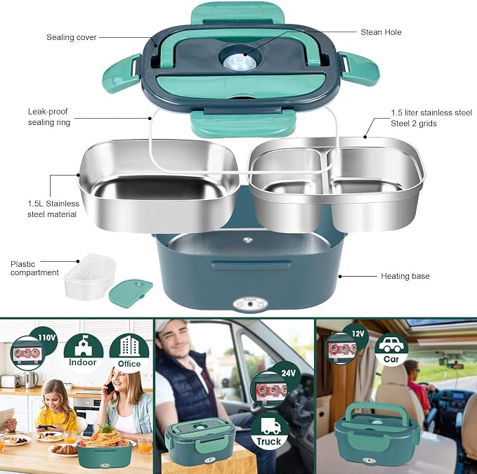 LAVAED Food Heater Electric Lunch Box for Adults 80W Fast Heating 2 in 1 Portable Heated Lunchbox Warmer for Car/Truck/Office/Outdoor, BPA Free