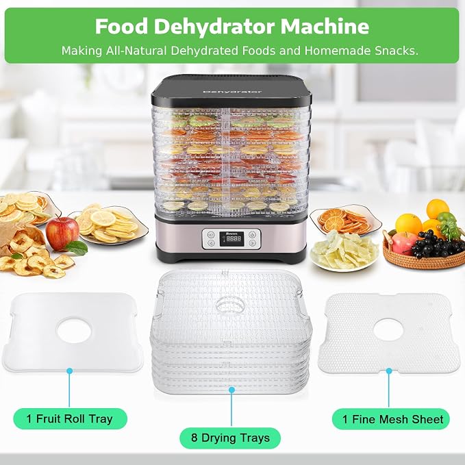 Homdox Food Dehydrator for Jerky & Fruit, 8 BPA-Free Trays, 72H Timer & Temp Control 158°F, 400W Dehydrator Machine for Herbs, Veggies, Meat, Dog Treats, Fruit Roll Sheet Included