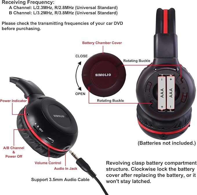 SIMOLIO Infrared Headphones for Car DVD for Honda Odyssey, uConnect, Chrysler Pacifica, Town & Country, Toyota Sienna,Wireless IR Headphone with Storage Bag & AUX Cord for TV, Outdoor Movie, 3 Pack