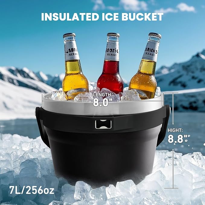 COKTIK 7L Vacuum Insulated Ice Bucket with Lid and Scoop& Tongs，Large capacity Stainless Steel Beverage Bucket for Cocktail, Champagne, Wine, Beer，Large Parties（Carbon Black Suit）
