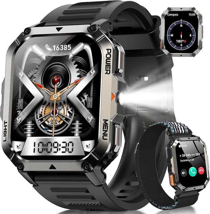 Military Tactical Smart Watches for Men, 100-Day Battery Rugged Fitness Watch with Compass & Flashlight, Sports Watch for Android with 2.01" HD Display AI Voice, IP68 Waterproof Smartwatch (Black)