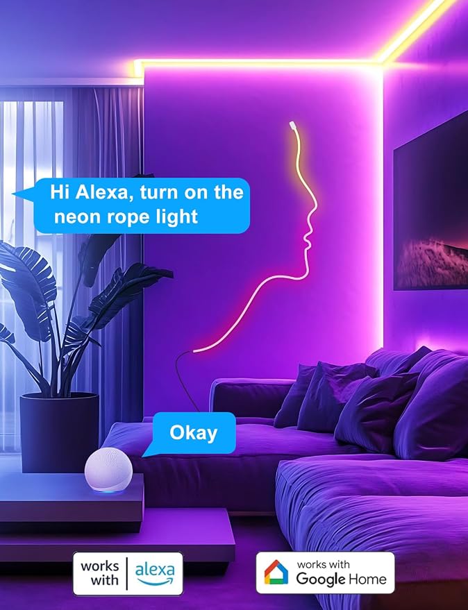 RGB+IC Neon Rope Lights, 16.4 ft Smart LED Rope Light with Music Sync, Works with Alexa, Google Assistant, Custom DIY Flexible Neon Strip Lights for Bedroom, Wall Decor (2.4G WiFi Only)