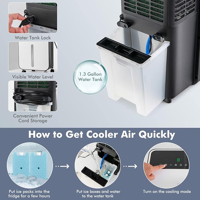 COSTWAY Evaporative Air Cooler, 3-in-1 Portable Swamp Cooler w/Fan & Humidifier, Air Cooling Fan w/ 360° Rotating Fan Blade, 3 Modes, 24 Speeds, 12H Timer, 2 Ice Packs, LED Display, Remote Control