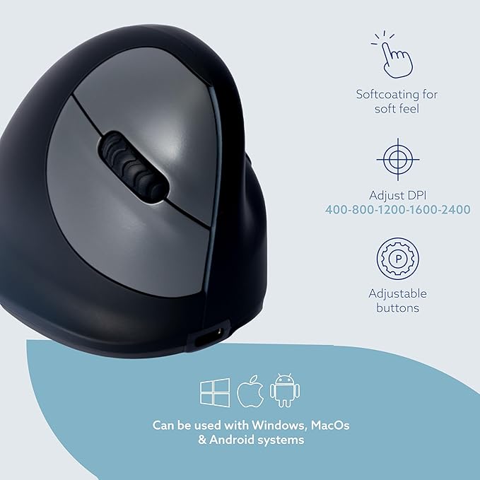 R-Go HE Ergonomic Mouse, Bluetooth 5.0, Silent Click, Vertical design, With Break Software, Prevents Tennis Elbow/RSI Arm, Rechargeable, For Windows/Mac, 5 Buttons, Black
