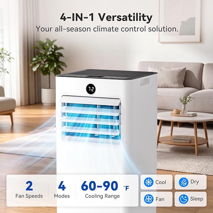 Quiet Portable Air Conditioner 8,000 BTU, Cools Rooms up to 350 Sq. Ft, Dehumidifier & Fan Mode, Sleep Mode, 24-Hour Timer, 26 ft Remote Control, Window Kit 1-piece(White)