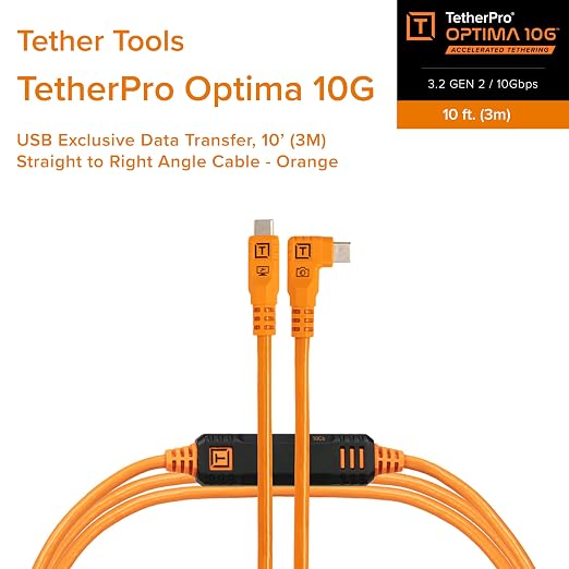 Tether Tools TetherPro Optima 10G USB-C Exclusive Data Transfer, Straight to Right Cable