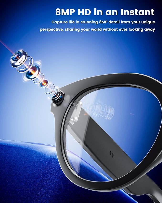 AI Smart Glasses with 8MP Camera, Continuous 12-Min 1200P Video Recording, Real-Time Translation & Voice Assistant, Open-Ear Bluetooth Audio for Vlogging, Travel & Meetings