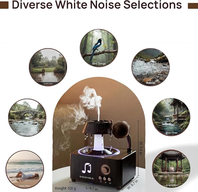 Vintage Record Player Diffuser with Bluetooth, 7-Color Lights & 7 White Noises, Ultrasonic Aroma Diffuser, 3H/6H Timer, Raindrop Rotation, Auto Shut-Off, Remote, for Home Office Decor