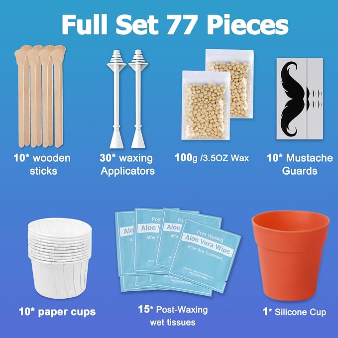 100g Nose Hair Waxing Kit with 30 Applicators (Up to 30 Uses), 10 Mustache Guards, 15 Wipes for Quick and Painless Hair Removal on Nose, Ears, and Face - For Men and Women