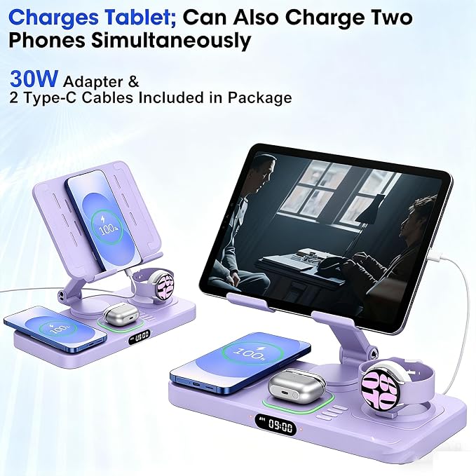 30W Tablet Wireless Charger for Samsung, Foldable Android Charging Station with Clock Display with 7-Color Light, Wireless Watch Charger for S25, Only Compatible Samsung Watch, Galaxy Buds3 Pro(Purple