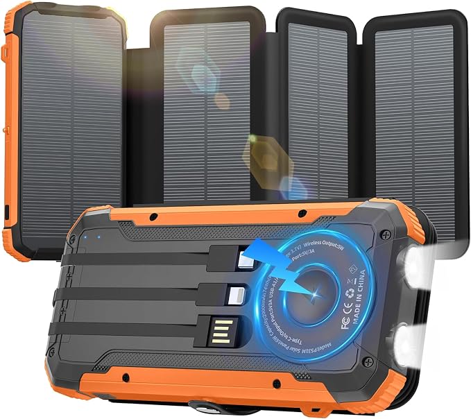 Solar Power Bank 49800mAh 22.5W QC3.0 Fast Charging Built in 4 Cables andNymzixt Solar Power Bank 20000mAh Portable Charger Built-in 3 Cables and Wireless Charging