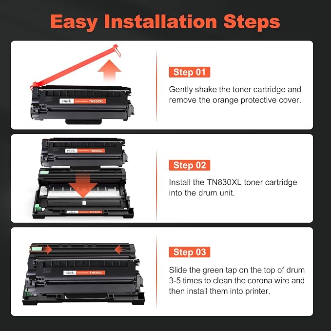 v4ink 3pk Compatible TN830XL DR830 Replacement for Brother TN830 TN830XL Toner Cartridge DR830 Drum Combo Set for Brother DCP-L2640DW HL-L2400D HL-L2405W HL-L2460DW HL-L2480DW MFC-L2820DW Printer