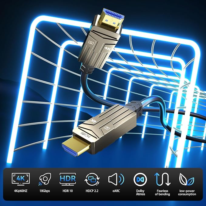 Soonsoonic Fiber Optic HDMI Cable 200ft,18Gbps 4K@60Hz(4:4:4) Unidirectional Active 2.0 Cord,Support HDR10 ARC HDCP 2.2 3D CEC Atmos DTS:X, Ultra high Speed Flexible and Slim（60m）