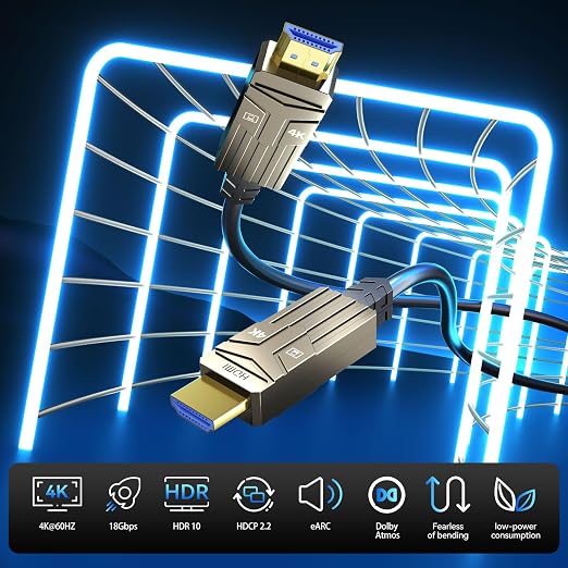 Soonsoonic Fiber Optic HDMI Cable 75ft,18Gbps 4K@60Hz(4:4:4) Unidirectional Active 2.0 Cord,Support HDR10 ARC HDCP 2.2 3D CEC Atmos DTS:X, Ultra high Speed Flexible and Slim（22.5m）